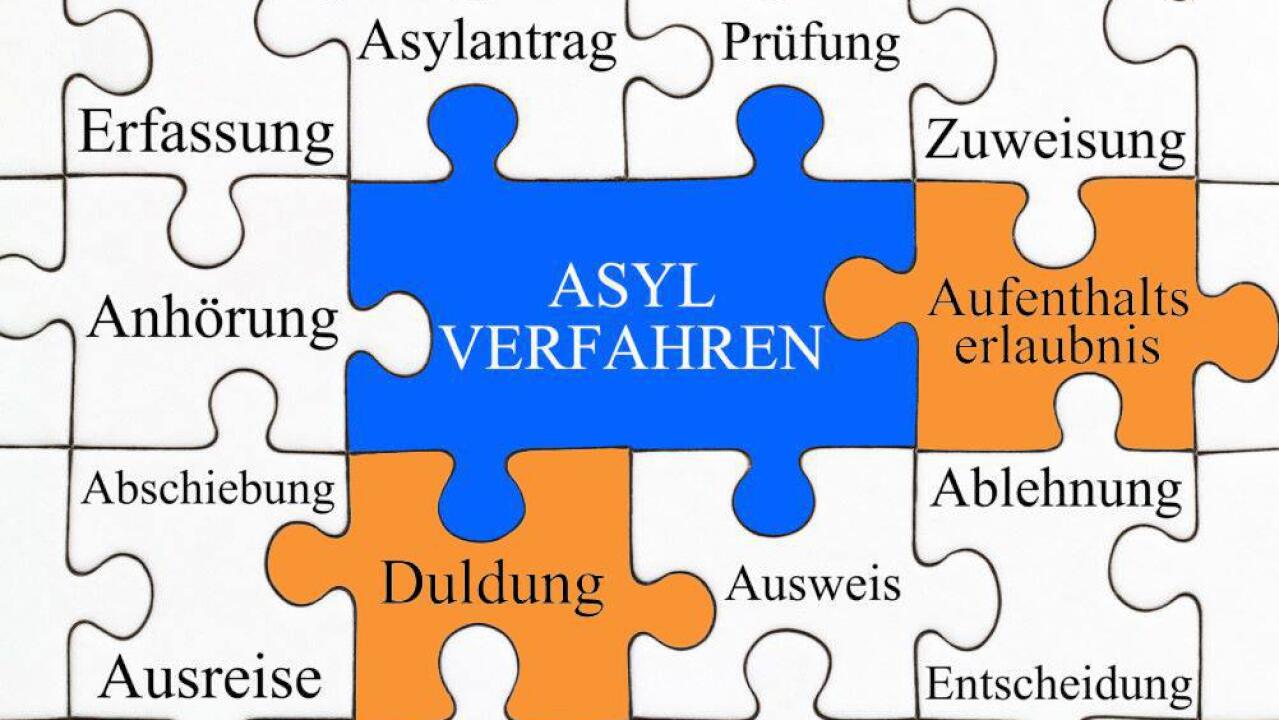 Das Bild zeigt eine Grafik aus verschiedenen Puzzleteilen. Auf den Puzzleteilen stehen Begriffe aus dem Bereich Asylverfahren.